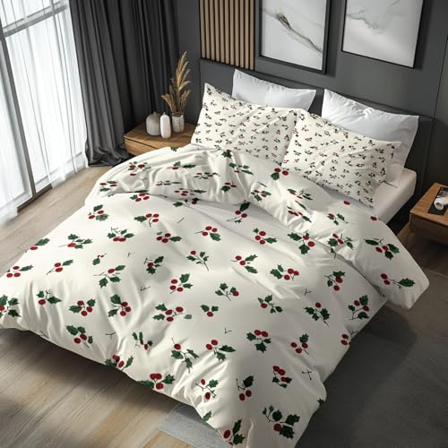 Generisch Weihnachten Stechpalmenbeeren Bettwäsche 155x220 Weihnachten Motiv 2tlg, Weiche Mikrofaser Bettbezug & 1 Kissenbezug 80x80, Wendebettwäsche für Schlafzimmer Deko, Geschenke (M35)