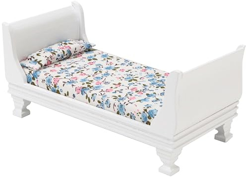 Miniature Dollhouse Bed, 1/12 Scale Single Wooden Bed, Victorian Mini Beds for 6 Inch Dolls, Vintage European Style Tiny Sleigh Bed Furniture with Bedding & Fabric Pillow for Bedroom Decor, White