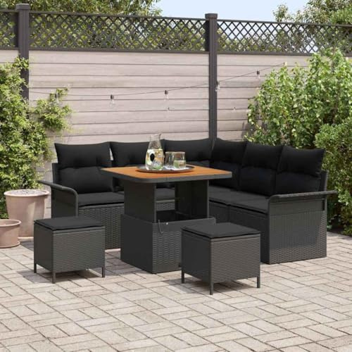 Kaloriko Garten-Sofa-Set mit Kissen, 8-teilig, Schwarz, Poly-Rattan & Akazienholz, Outdoor-Loungesofa mit Stauraum, verstellbare Füße, für Terrasse & Garten