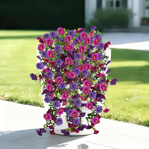 Cekene 4PCS Hanging Artificial Flowers Artificial Plants Outdoor Morning Glory UV Resistant Plastic Fake Flower Plant for Indoor Home Decor Wall Shelf Table Hanging Baskets Planter Patio(purple)