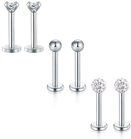 MODRSA 6 Stück 16G Tragus Piercing Chirurgenstahl Kristal & Kugel CZ Labret Piercing Lippenpiercing Helix Ohr Piercing 8mm 6 Stück
