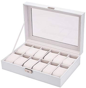 Watch boxes Verbesserte Version der 12-stelligen Uhrenbox aus weißem Kunstleder Holz Aufbewahrungsbox Uhrenverpackungsbox mit Glasuhr-Vitrine Holzbox Leder-Outsourcing-Uhrenbox