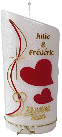 Hochzeitskerze Perlmutt geriffelt - Ellipse abgeschrägt mit Herzen ROT-GOLD inkl. Aufbewahrungsbox