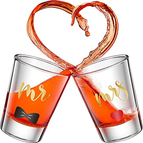 2 Stücke Mr und Mrs Schnapsgläser 2 Unzen Gold Hochzeit Party Weingläser Verlobung Jahrstag Braut Shower Glas Paar Weinglas für Jungvermählten und Paare (Zarter Stil)