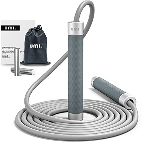 Umi Springseil Erwachsene Fitness, Speed Rope Seilspringen Verstellbar, Aluminiumgriff mit 95Gx2 abnehmbaren Gewichtsblöcken Ideal für Training Fitness Boxen-Grau