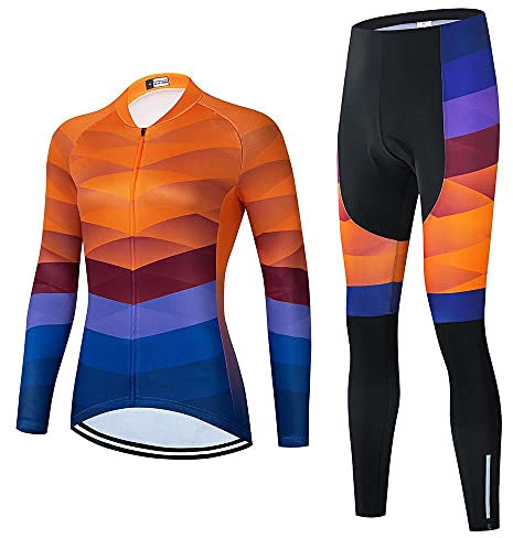 Damen Fahrradbekleidung Set Langarm Rennrad Shirt Radtrikot Fahrradhose mit 20D Gel Gepolstert, Ai13, Groß