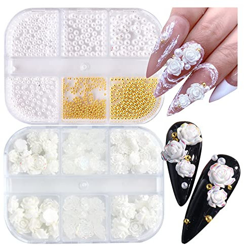 3D Nail Art Supplies Jewelry Pearls Mixed Camellia Nail Art Set Nail Glitter 5D Rose Round Pearl Rhinestones Caviar Beads Nails Charms Tips Accessories for Women Acrylic Nail Art Decorations