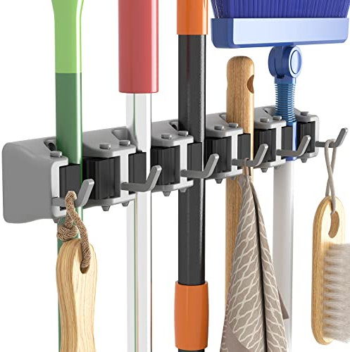 Lifewit Broom Mop Holder Wall Mounted,Heavy Duty Broom Storage with 5 Slot 6 Hooks, Utility Room Storage Solutions for Broom Cupboard Kitchen Bathroom Garage and Garden Tool Organiser, 1 Pack, Grey