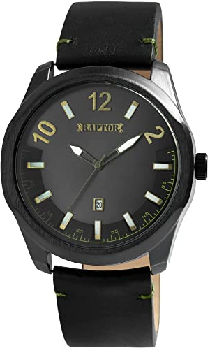 Raptor Charley Herren-Uhr Leder Datum Leuchtzeiger Analog Quarz RA20356 (schwarz goldfarbig)