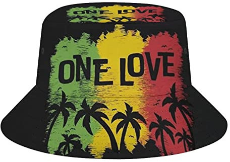 One Love Music Reggae Rasta Jamaikanischer Herren Damen Bucket Mütze Sommer Urlaub Reise Strand Sonnenhut Packbar Leicht Outdoor Hut, Stil, Einheitsgröße