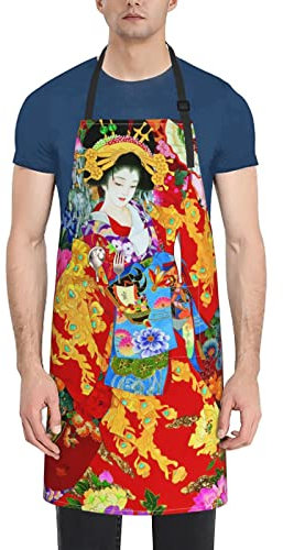 Verstellbare Latzschürze mit Cartoon-Nilpferd-Motiv für Damen und Herren, Unisex, Kochschürze für Grill, Grill, Kochschürze mit 2 Taschen, für Zuhause, Küche, Restaurant, Retro Japanisches Geisha