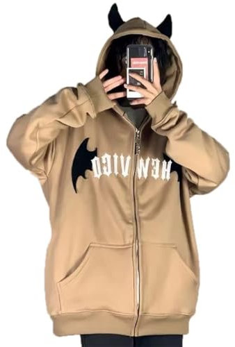 Minetom Damen Pullover Teenager Mädchen Kawaii Hoodie Herbst Halloween Kapuzenpullover Reißverschluss Pulli Sweatshirt Kapuze Y2K Gothic Outerwear Oberteile B Braun S