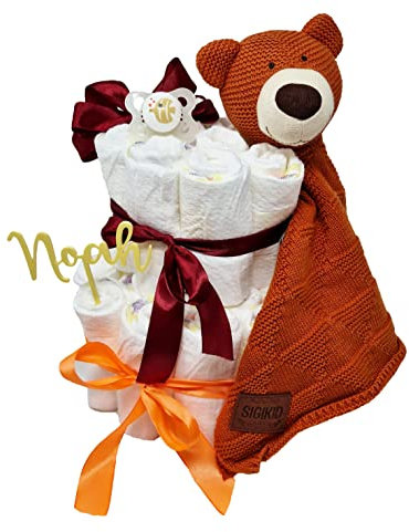 Elfenstall Windeltorte Pamperstorte mit Sigikid Strick-Schnuffeltuch personalisiert als Geschenk zur Geburt oder Taufe mit Namen des Babys Bär (braun)