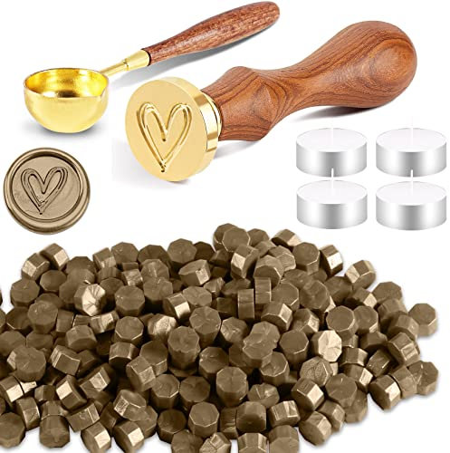 Foonii 200 Stück Siegelwachs Perlen Set Wachssiegel Stempel mit 1 Siegelstempel, 1 Schmelzlöffel, 4 Teelichte | Siegellack Perlen Set für Umschlag/Einladungen/Karten/Geschenk (Herz,Bronze)