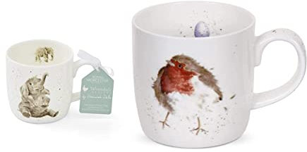 Wrendale by Royal Worcester Bone China Mug Role Model Elephants, Multi-Colour,11 oz and Garden Friend (Robin) Bone China Single Mug, 1 Count (Pack of 1)