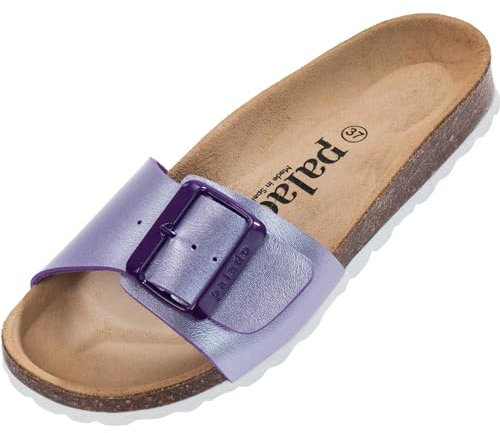 Palado Pantoletten Damen Malta EGS Metallic - bequeme Sandalen Made in Spain - Hausschuhe mit dämpfendem Kork-Fußbett - modische Sommerschuhe Lila UK3,5 - EU36