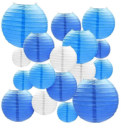 20 Stück Blaue und weiße Papierlaternen, 4 6 8 10 Verschiedene Größen, hängende chinesische runde Laternen, Papierlampenschirme zur Dekoration für Garten, Geburtstagsfeier, Familientreffen