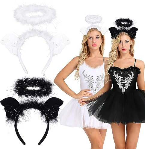 DPKOW 2 Stücke Engel und Teufel Kostüm Engel und Teufel Haarreif Teufelshörner Haarreif Heiligenschein Weiß Engel Haarreif Engel Kostüm Damen Halloween Teufel Kostüm Accessoire Karneval Party