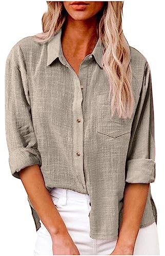 AMhomely Blouse Women UK Elegant Long Sleeve Tunic Tops Plus Size Cotton Linen Shirts Lapel Oversized Blouse Button Down Plain Basic Office Tshirts Longline Tops Ladies Dressy Tops Khaki XL