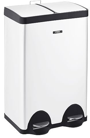 Cooks Professional Dual Pedal Recycle Bin 60L | 2 x 30L Removable Compartments & Soft Close Lids | Twin Double Section Stainless Steel Kitchen or Office Dustbin for Recycling or Waste | White