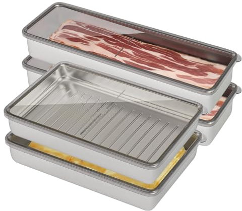 4 Pcs Deli Containers with Lids, Bacon Container for Refrigerator, Fridge Organizer, Cheese Container for Fridge, Dishwasher Safe Long Deli Meat Storage Containers Fruit Tray with Lids