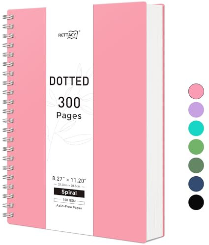 RETTACY Bullet Dotted Journal - A4 Dotted Grid Spiral Notizbuch mit 300 Seiten, 100 g/m² Premium säurefreies Papier, Bullet Journaling, Skizzieren, Doppeldrahtbindung, 21 x 28,4 cm (Pink)