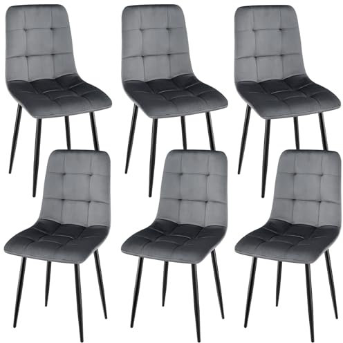 JIJIAN 6er Set Esszimmerstühle, Polsterstuhl Stühle mit Samtstoff und Schwarzen Metallbeinen, Küchenstühle mit 120 kg Tragkraft, Dunkelgrau