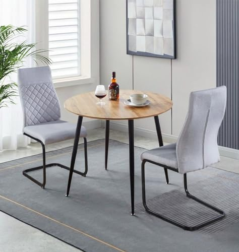 Hallowood Furniture Cullompton Round Oak Top Dining Table and Chairs Set 2 | 90cm Small Round Kitchen Table and 2 Chairs with Diamond Quilted High Back and Light Grey Fabric Upholstery for Small Spaces