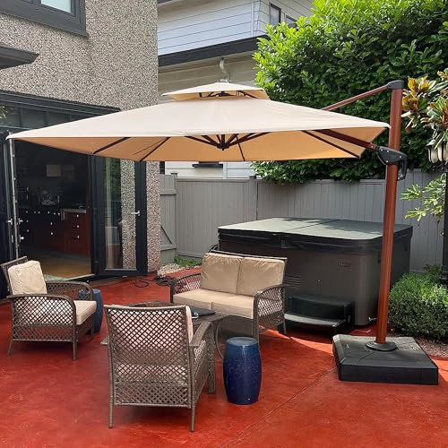 PURPLE LEAF Sonnenschirm Groß 270 x 270 cm mit Ständer Ampelschirm Holzoptik Aluminium Doppeldach Gartenschirm mit Kurbel 360° Drehbar, Balkonschirm XXL, Sonnenschutz UV50+, Beige