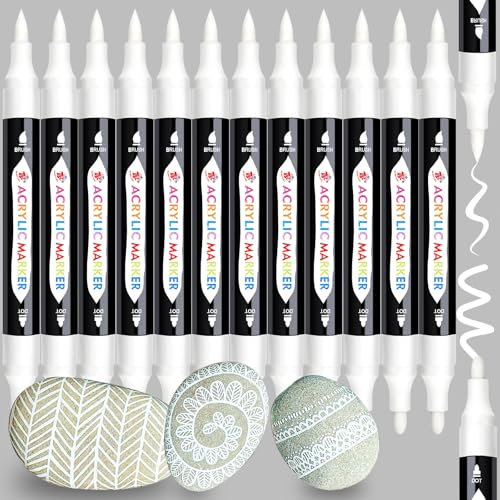 TBC The Best Crafts Lot de 12 Stylos Acryliques Blancs à Double Pointe pour Pierres, Imperméables, Marqueurs de Peinture Acrylique, Marqueurs de Peinture Acrylique, Marqueurs de Verre pour Toile, Bois