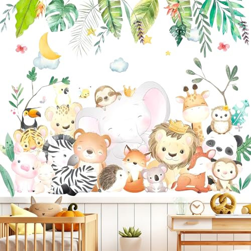 JUNEBRUSHS Wandtattoo Dschungel Tiere, Wandsticker Kinderzimmer Tierbaum Wandaufkleber Tierparty Elefant Giraffe Wandtattoo Kinderzimmer Junge Babyzimmer Schlafzimmer Wanddeko