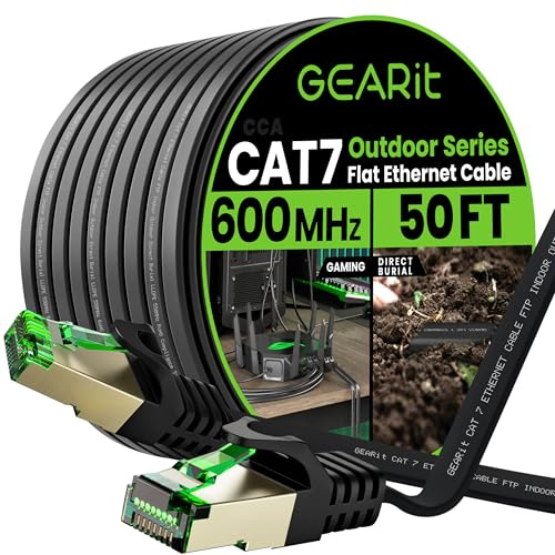 GEARit Cat 7 Outdoor Flat Ethernet Cable (50ft, Black) Direct Burial Rated LLDPE Jacket - Indoor Cat7 Shielded FTP 600MHz 10Gbps High Speed Gaming Computer Network RJ45 Snagless Patch Cord Internet