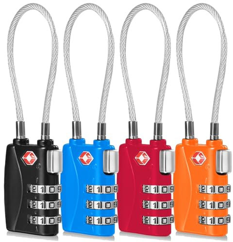 CFMOUR TSA Locks - 1, 2, 3, 4, 5, 6 Pack 3-Dial Travel Cable Combination Security Padlock for Suitcase Luggage Case Bag Code Lock - Black&Blue&Red&Orange (Pack of 4)