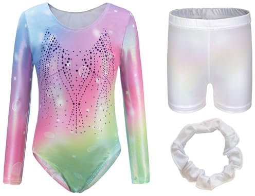 AIEOE Leotard Mädchen Langarm Gymnastikanzug mit Hose Glänzende Turnanzug Trikot Akrobatik Anzug Gymnastik Kleidung Set mit Haarband Tanzkostüme 11-12 Jahre Regenbogen