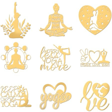 OLYCRAFT 9 Stück 4x4 cm Yoga-Metallaufkleber Peace Love Yoga Selbstklebende Goldaufkleber Yoga-Thema Metall-Goldaufkleber Für Sammelalben DIY-Harzhandwerk Telefon-/Wasserflaschen-Dekor