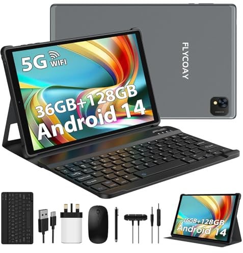 FLYCOAY Newest Android 14 Tablet 10 Inch, Octa-Core 2.0 GHz, 36GB RAM+128GB ROM(1TB TF) 5G+2.4G WiFi, 1920 * 1200 FHD, BT 5.0, GPS, 8000mAh, Metal Body, Tablet with Keyboard & Mouse, Gray