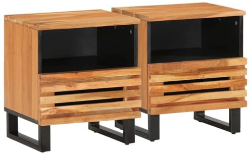 vidaXL Nachttische 2 STK., Nachttisch mit Stauraum Metallbeine, Nachtschrank für Schlafzimmer, Nachtkommode Nachtkonsole, Massivholz Akazie