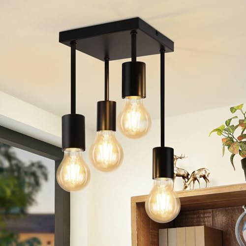 CBJKTX Deckenleuchte Schwarz Deckenlampe Vintage - E27 Küchenlampe 4 Flammig Retro Metall Hängend Industrial Deckenspots für küche Flur Schlafzimmer Wohnzimmer Bar (ohne Leuchtmittel)