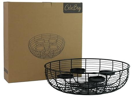 CeleBig Adventskranz Ø 22 cm | Weihnachtskranz | Kerzenhalter | Kerzenständer | Adventskorb | Drahtkorb | Dekoschale | Dekotablett | Metallschale | Weihnachtsdeko | Geschenk | Metall | Schwarz