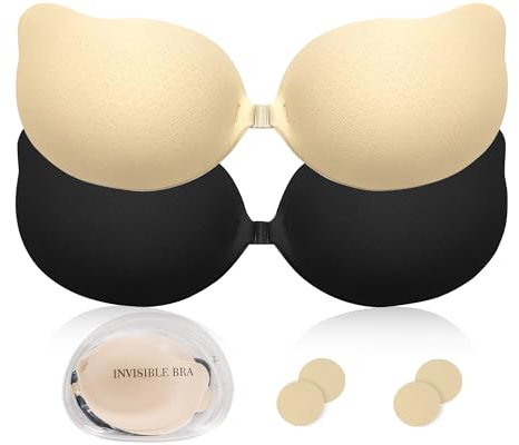 Kemowi 2 Pair Stick on Push up Bra for Women, Skin-Friendly Sticky Adhesive Bra, Invisible Strapless & Backless Bra with 2 Pack Nipplecovers