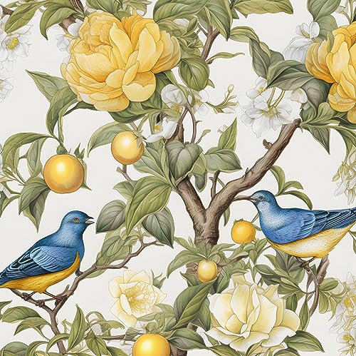 XRUIBZI Blue Bird Wallpaper Peel and Stick Wallpaper Lemon Tree Wallpaper Yellow Floral Contact Paper for Cabinets Waterproof Self Adhesive Wall Paper for Kitchen Countertop Wall 44.5cmx300cm
