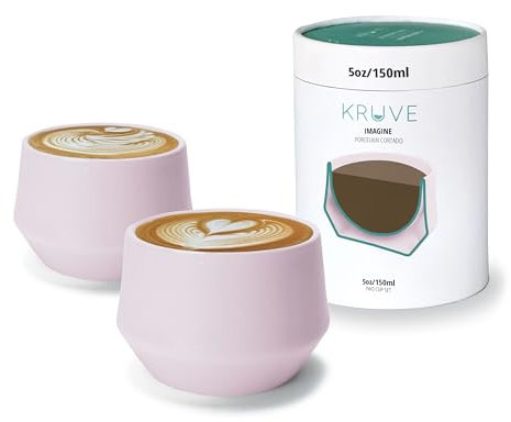 KRUVE Imagine Porcelain Latte Coffee Cups, Double Walled Latte Cups, Glass Cups Set of Two - 5oz Thermal Spherical Design for Art, Insulated Coffee Mugs for Heat Retention (Pink)