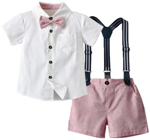 Yaopelky Completo estivo da gentiluomo, a maniche corte, con papillon, bretelle, pantaloncini, 1-8 anni, Rosa, 5-6 Anni