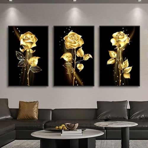 3-teiliges Set mit goldenen Rosen und schwarzen Blumen auf Leinwand, moderne Wandkunst für das Wohnzimmer, dekorative Bilder, Wandkunst, Poster und Drucke, 30 x 50 cm (12 x 20 Zoll) x3, rahmenlos