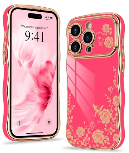 Wirvyuer Kompatibel mit iPhone 16 Pro Hülle Wellen Lockige Form,Rosarot | Handyhülle mit Schmetterling- und Blumenmuster, Galvanische Schutzhülle für Mädchen und Frau, Silikon Flower Case Girls