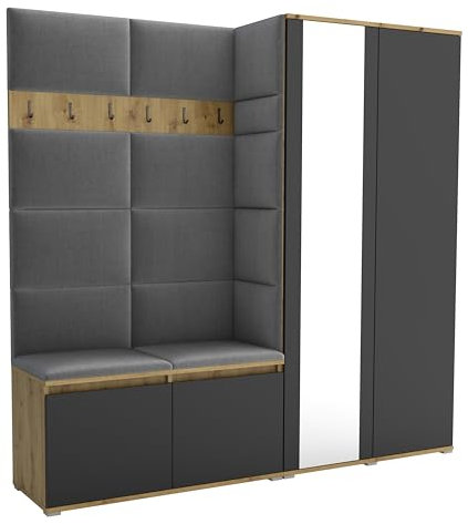 Brent - Flurgarderobe Luton 4, Garderobe Set: Schuhbank mit Sitzfläche, Garderobenpaneel, Garderobe mit Spiegel, Flur Möbel, Artisan Eiche Schwarz + Polsterpaneele in Hellgrau