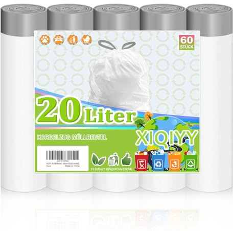 XIQIYY Sac Poubelle 20L Avec Liens Coulissants, 60 Pièces, Blanc | Résistants, Anti-Déchirure et Anti-Fuite, Faciles à Utiliser, pour Salle de Bain et Bureau