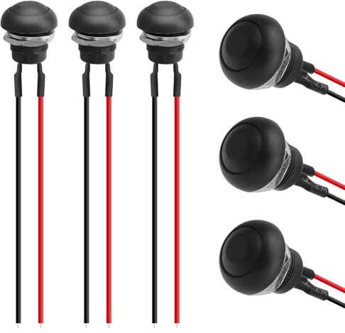 TNSLAND 6 Stück 12MM Schalter mit 15 CM Kabel, Wasserdicht Druckknopf Rund mit Kabel Momentanen Taster 12V/24V/125V/250V 2A AC/DC Mini Momentary Push Button EIN AUS für Hupen, Klingel, Auto(Schwarz)