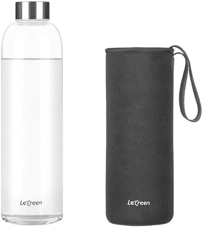 LETREEN Glass Water Bottle 1 Litre, Water Bottle 1L with Neoprene Sleeve, BPA-Free Leak Proof Reusable 1000ML Drinking Bottles for Hot Cold Drinks, Work, Gym, Home (Dark Gray)