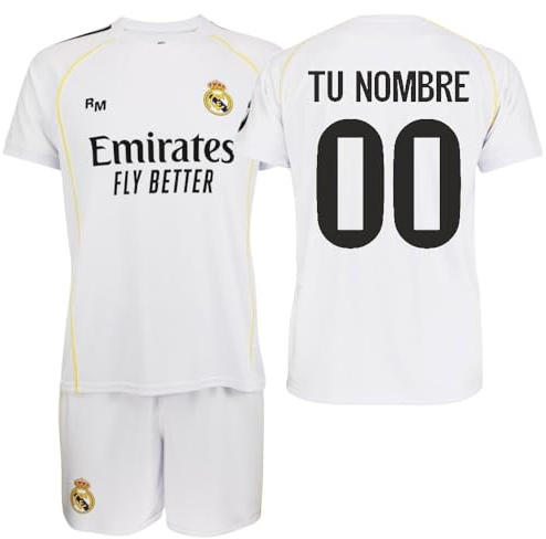 Real Madrid - Kit 1ª Equipación 2025-2026 | Camiseta Personalizable + Pantalón | Blanco Clásico | Tejido Transpirable | Ideal para Aficionados (FR/ES, Edad, Talla única, 12 años, Regular)